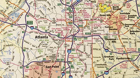 A highway map of Atlanta Georgia and surrounding areas.