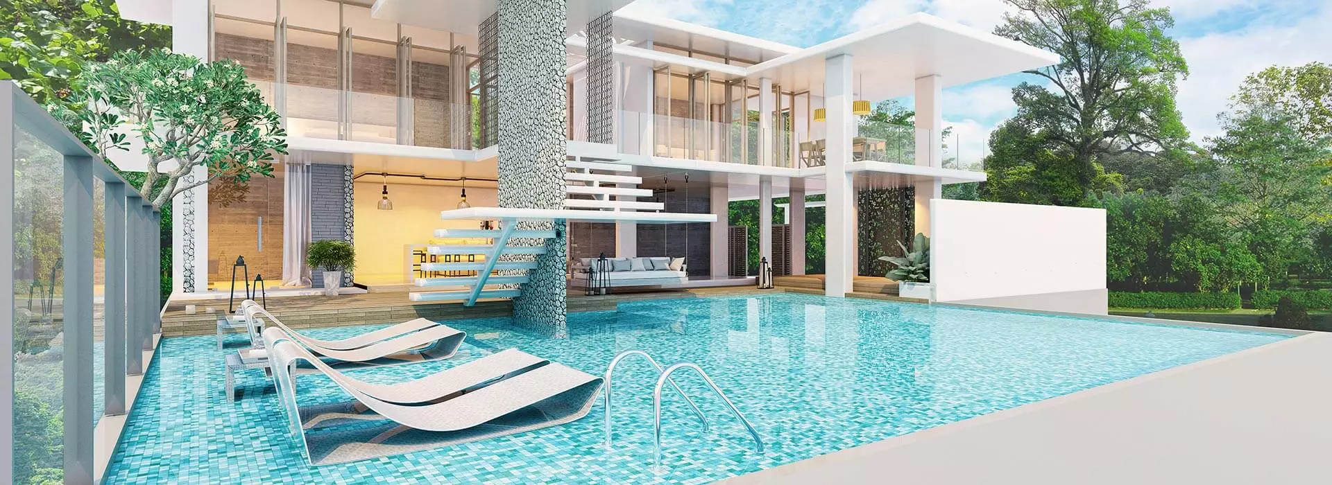 A swimming pool in front of a luxurious house