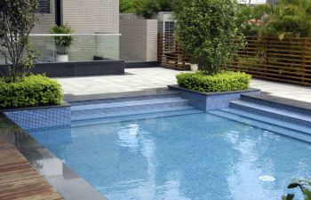 Outdoor swimming pool in a back yard.